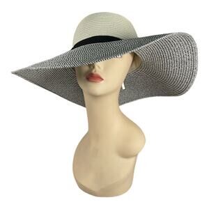 Calvin Klein Wide Brim Straw Sun Hat Drawstring Adjustable Black White Old Money